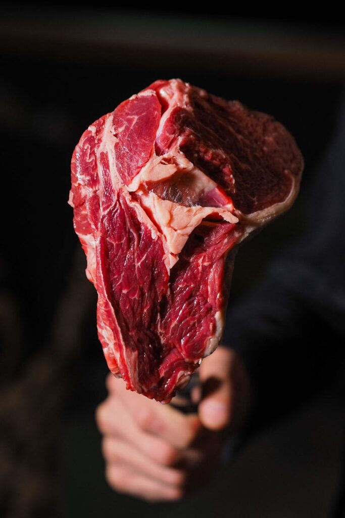 Fresh marbled beef steak being held, showcasing rich texture and red meat details.